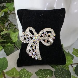 Silver Bow Brooch Pin with AB and Clear Crystal Stones